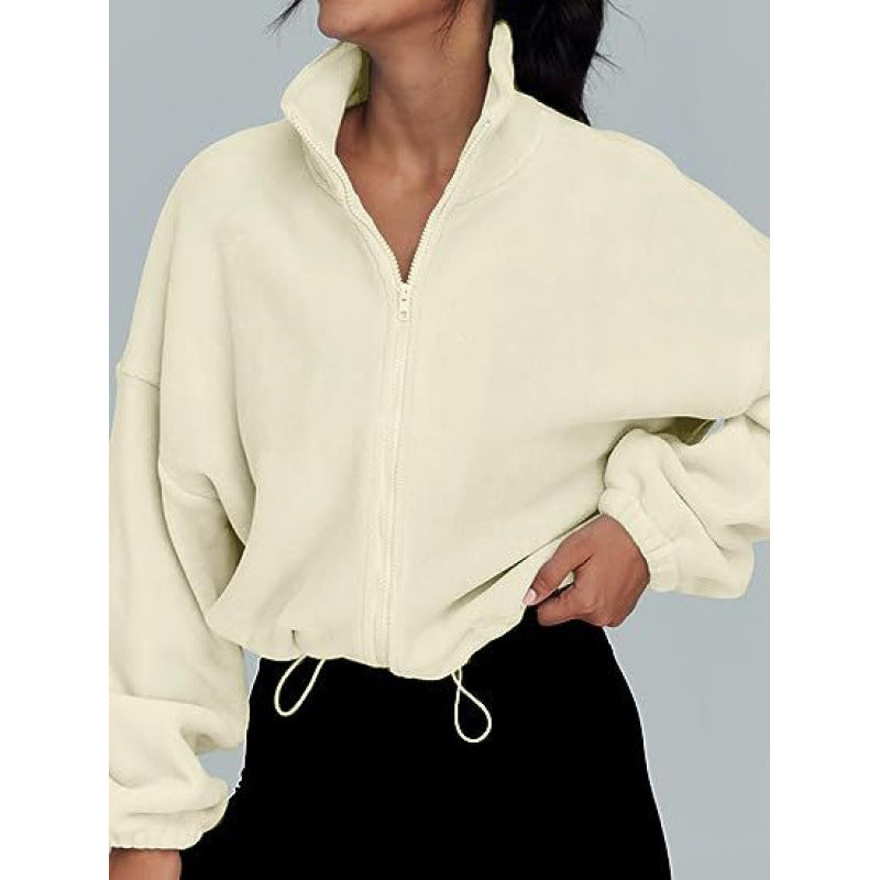 Damen trendy Oversize-Zip-Pullover mit hohem Kragen und Kordelzug Drune