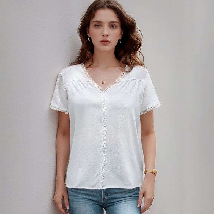 Damen luftiges Blusenshirt mit feinen Spitzenakzenten und modischem V-Ausschnitt Drune