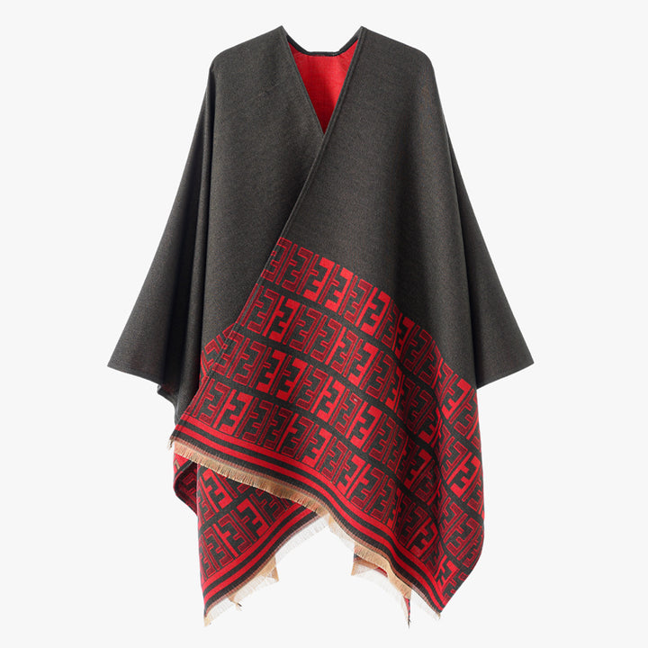 Damen Eleganter Cape-Überwurf im Kimono-Schnitt mit eingewebtem Monogramm und Fransensaum Drune