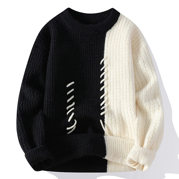 Unisex nan strukturierter Strickpullover mit asymmetrischem Zweifarbdesign und dekorativer Ziernaht Drune