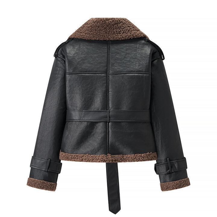 Damen modische Kunstlederjacke mit Teddyfell-Kragen und taillierbarem Gürtel Drune