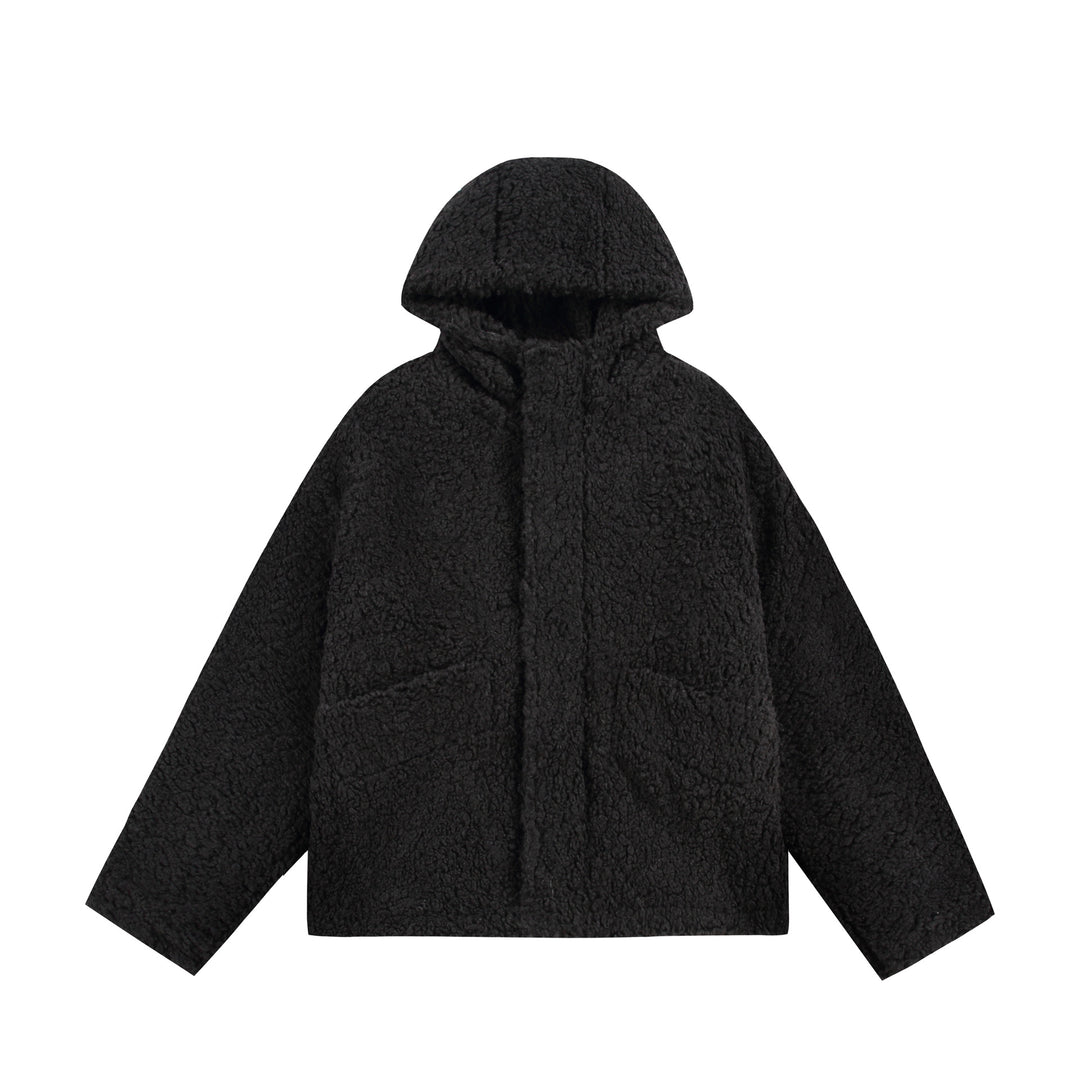 Damen Oversize Sherpa‑Kapuzenjacke mit verdeckter Frontblende und aufgesetzten Taschen Drune