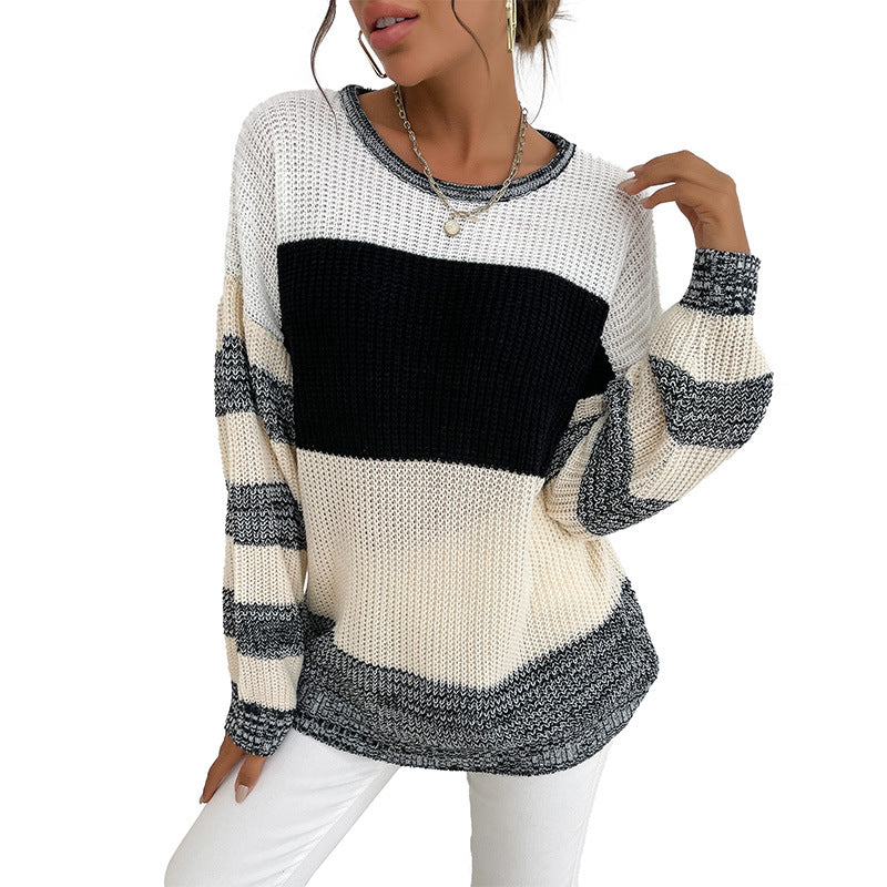 Damen Oversize Strickpullover mit grobem Rippstrick, Blockstreifen und weitem Rundhalsausschnitt Drune