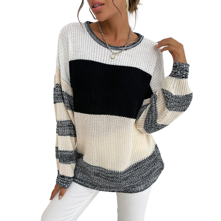 Damen Oversize Strickpullover mit grobem Rippstrick, Blockstreifen und weitem Rundhalsausschnitt Drune