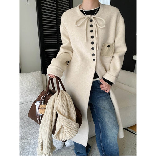 Damen lange Wolljacke mit Knopf- und Kordelzugdetails Drune