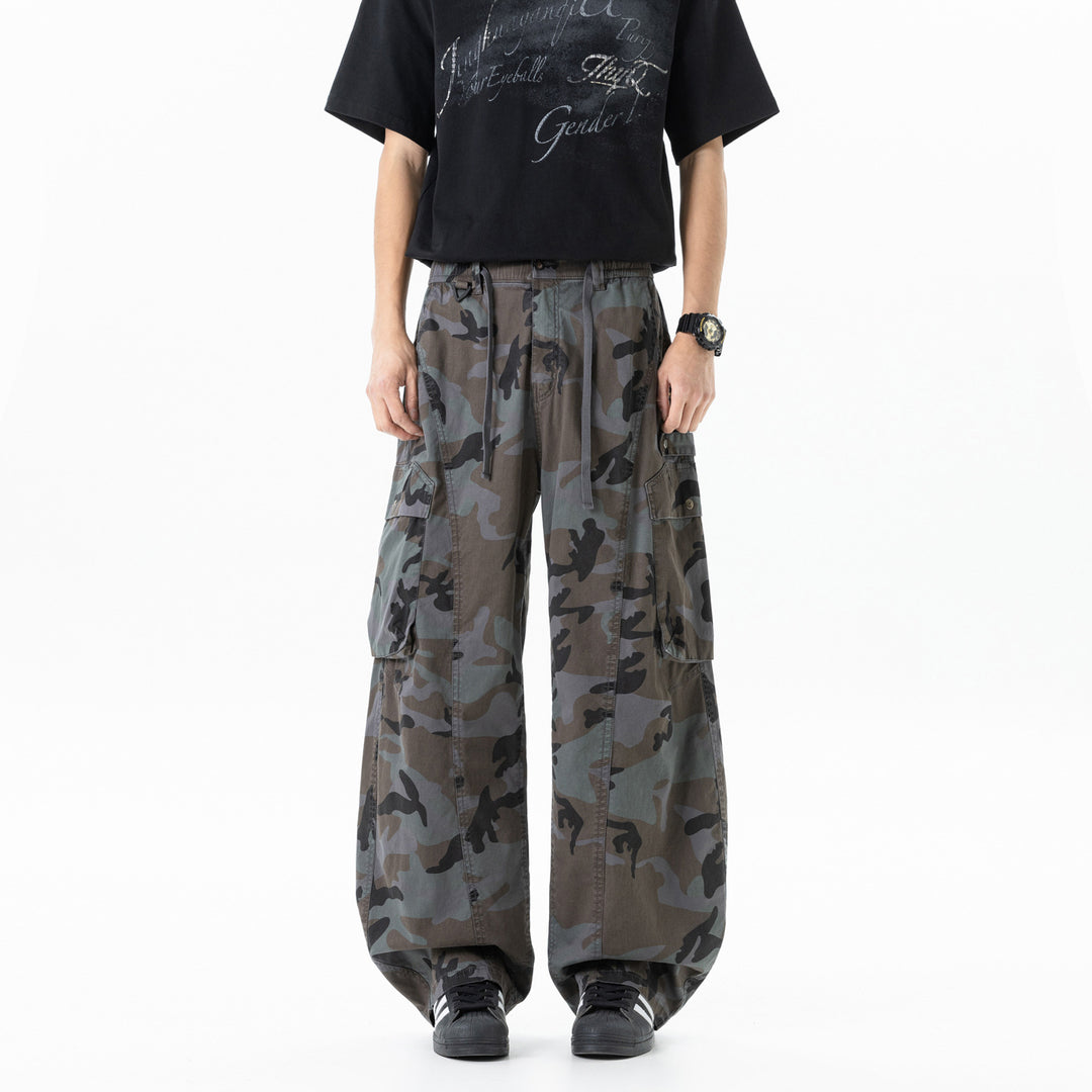 Herren Weite Cargohose im Camouflage-Military-Look mit elastischem Tunnelzugbund und Multifunktionstaschen Drune