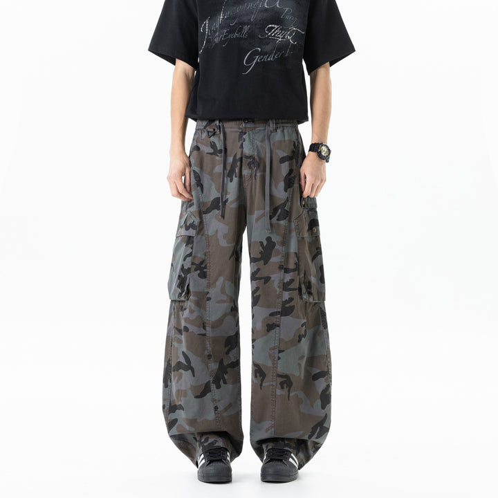 Herren Weite Cargohose im Camouflage-Military-Look mit elastischem Tunnelzugbund und Multifunktionstaschen Drune