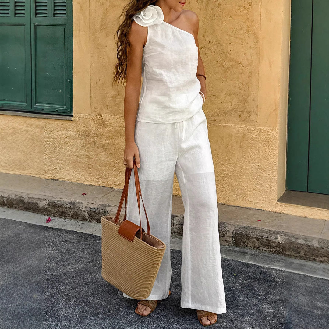 Damen Einschultriger Leinen-Jumpsuit mit Zier-Rosette und weitem Bein Drune