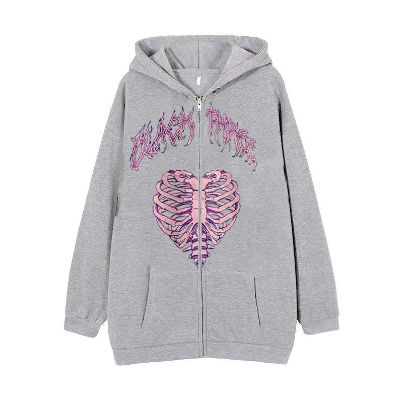 Damen nan Kapuzenjacke mit durchgehendem Reißverschluss und Rippenherz-Print Drune