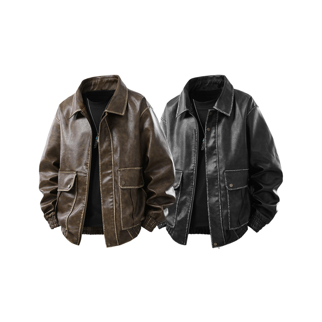 Herren Oversized Faux‑Leather Bomberjacke mit abnehmbarer Kapuze und Utility‑Taschen Drune