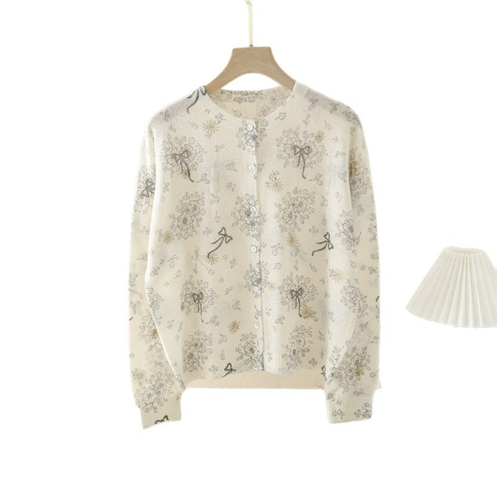 Damen Feiner Knopfcardigan mit zartem Blumen‑Sketchprint und Rundhalsausschnitt Drune