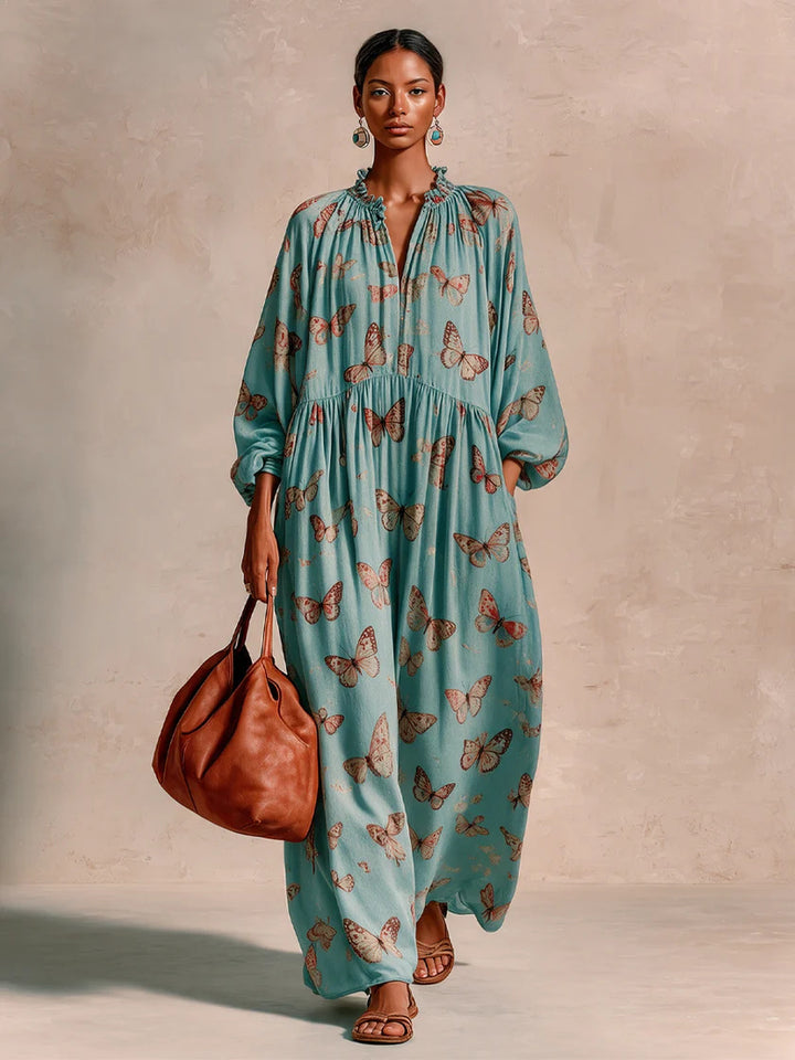 Damen Maxikleid im Boho-Caftan-Stil mit Schmetterlingsprint und geraffter Empire‑Taillen Drune