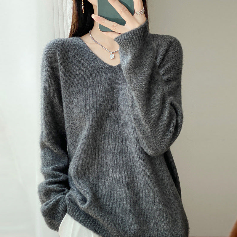 Damen Oversize-Feinstrickpullover mit feinem V-Ausschnitt und verlängertem Ärmelabschlusst Drune