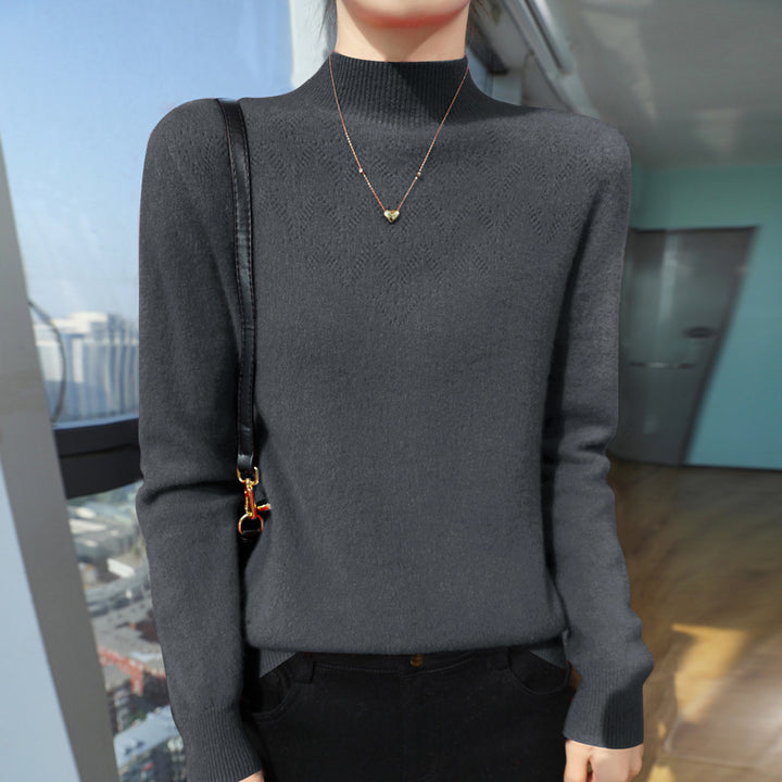 Damen Schlanker minimalistischer Stehkragen-Feinstrickpullover mit geripptem Hals Drune