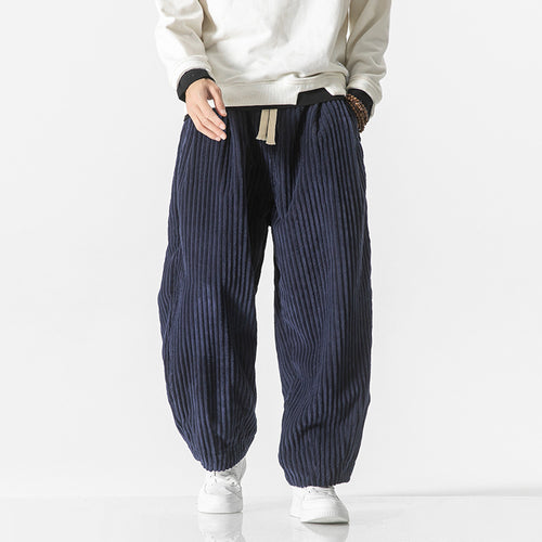 Herren nan weite Breitcord-Hose mit elastischem Bund, Kordelzug und tiefen Eingrifftaschen Drune