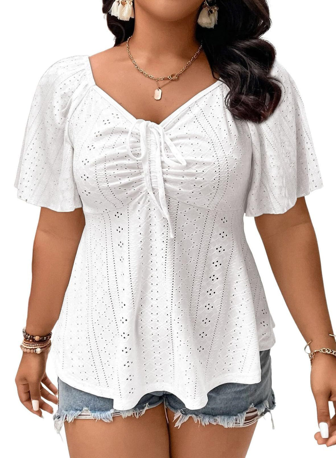 Damen A-Linien Boho-Bluse mit Lochstickerei, Raffung und Bindeband Drune