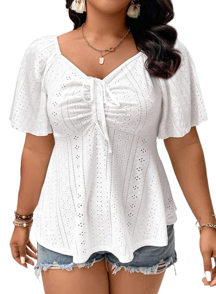 Damen A-Linien Boho-Bluse mit Lochstickerei, Raffung und Bindeband Drune