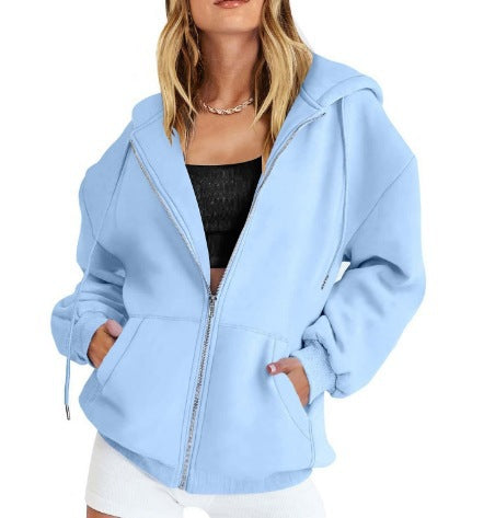 Damen nan oversized Zip-Kapuzenjacke mit kontrastierendem Reißverschluss, doppellagiger Kapuze und Kängurutasche Drune