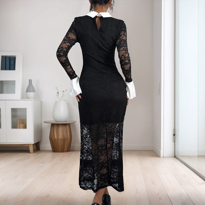 Damen Elegantes Spitzenkleid mit Kontrastkragen Drune