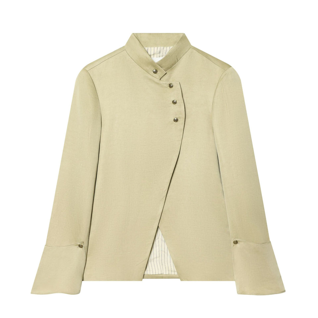 Damen nan asymmetrische Stehkragenjacke mit überlappender Knopfleiste und feinen Zierknöpfen Drune