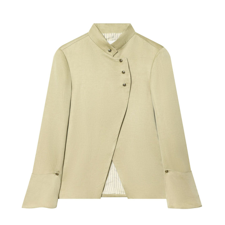 Damen nan asymmetrische Stehkragenjacke mit überlappender Knopfleiste und feinen Zierknöpfen Drune