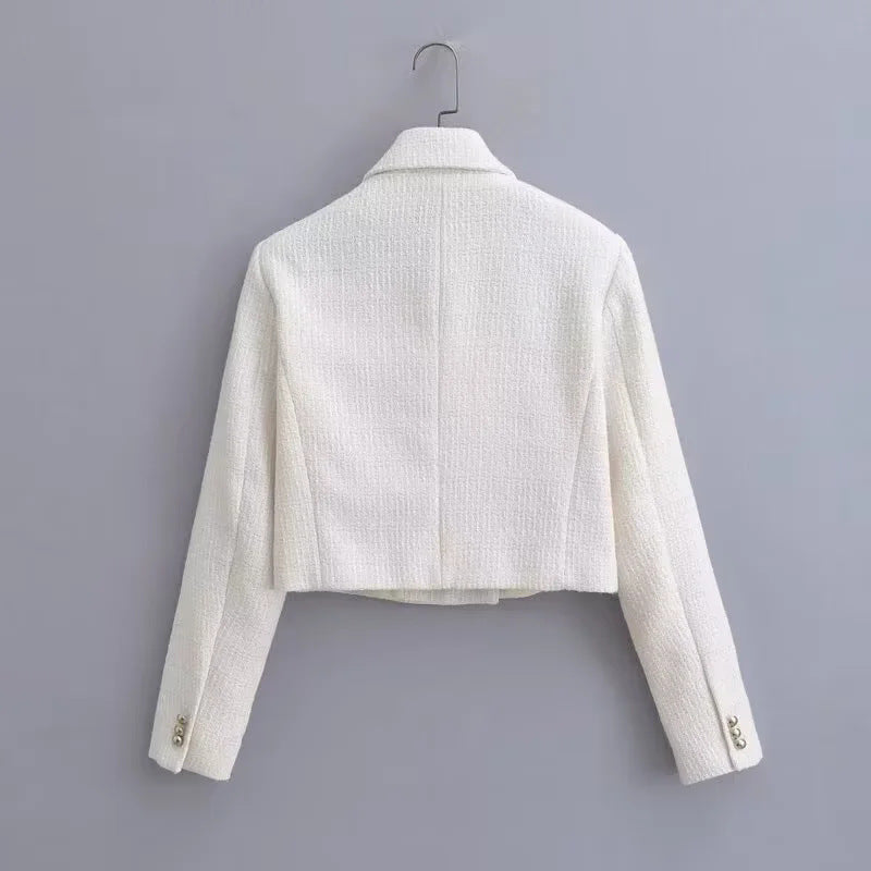 Damen nan kurze Bouclé-Cropped-Jacke mit Reverskragen und dekorativen Metallknöpfen Drune