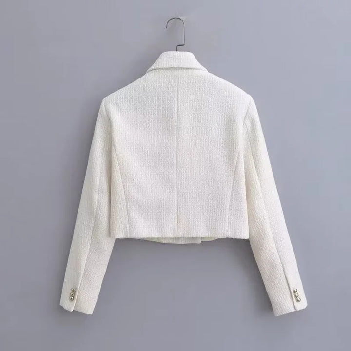 Damen nan kurze Bouclé-Cropped-Jacke mit Reverskragen und dekorativen Metallknöpfen Drune