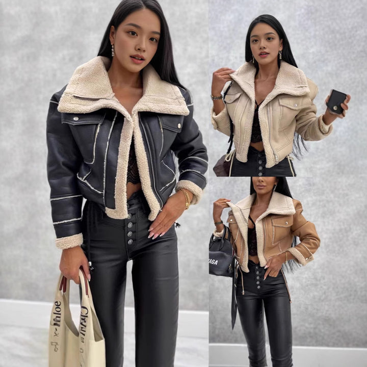 Damen Kurz geschnittene Bikerjacke mit Teddyfutter und Kontrastnähten Drune