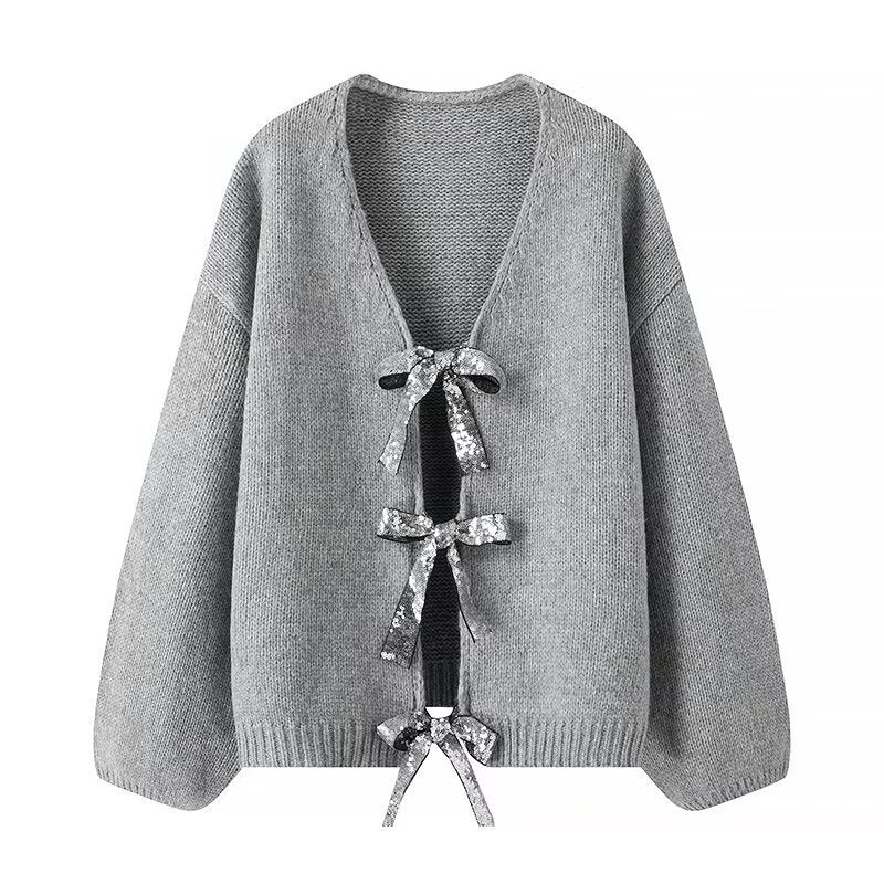 Damen Oversize-Strickcardigan mit V‑Ausschnitt und Pailletten‑Schleifen Drune