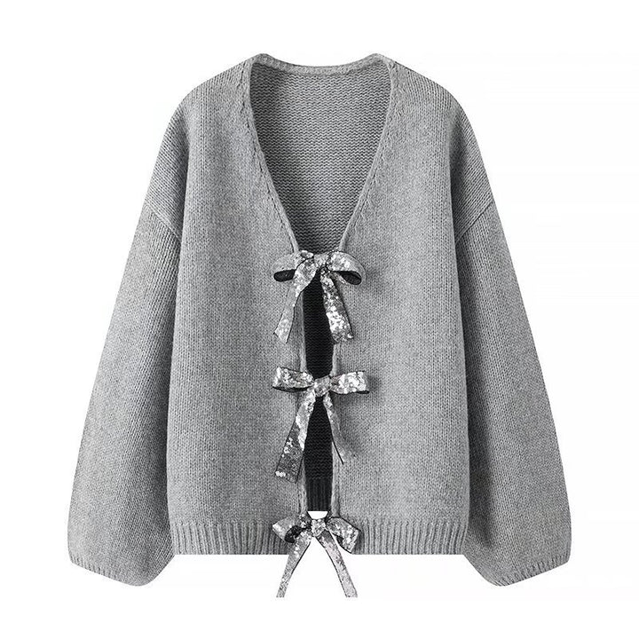 Damen Oversize-Strickcardigan mit V‑Ausschnitt und Pailletten‑Schleifen Drune