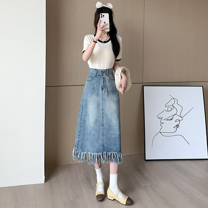 Damen Denim-Midi-Rock mit fransigem Saum Drune