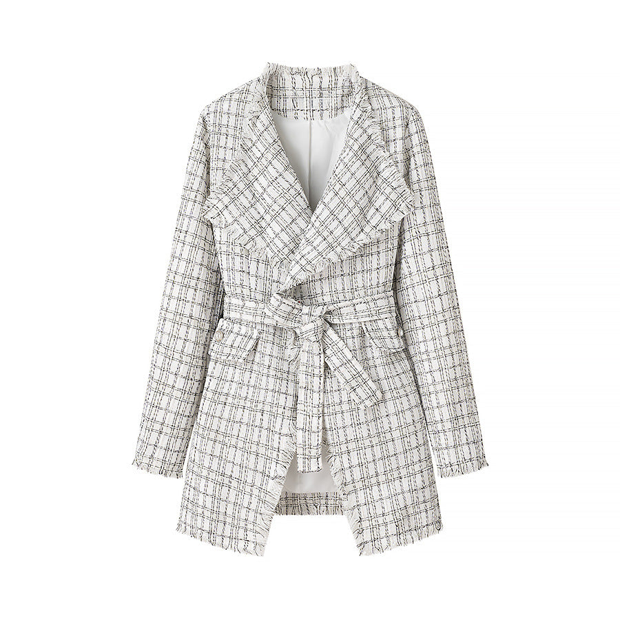 Damen Modischer Blazer mit Gürtel und strukturiertem Muster Drune