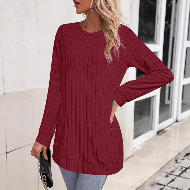 Damen Gerippter Longpullover-Tunika mit Rundhals, Seitentaschen und legerer Passform Drune