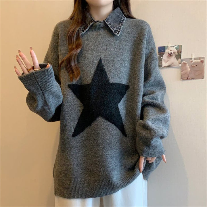 Damen gemütlicher Pullover mit großem Sternmotiv Drune