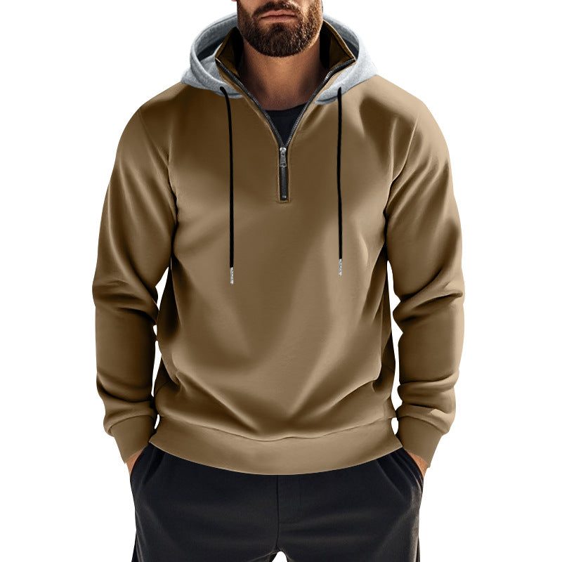 Herren nan sportives Kapuzen-Sweatshirt mit kurzem Frontreißverschluss, kontrastgefütterter Kapuze und elastischen Rippbündchen Drune