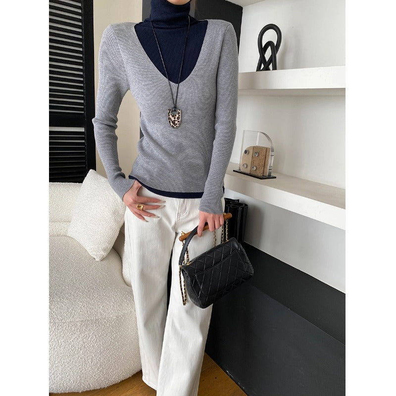 Damen figurbetontes V-Ausschnitt Pullover aus feinem Rippstrick Drune