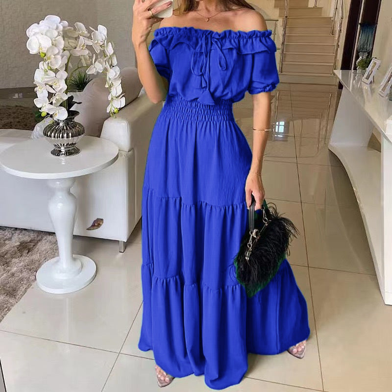 Damen Maxikleid mit schulterfreiem Design und voluminösen Rüschen Drune