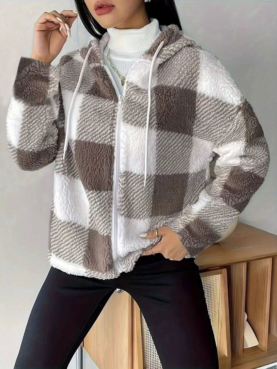 Drune | Kariert Teddy Hoodie Jacke | Warm und Bequem für den Winter