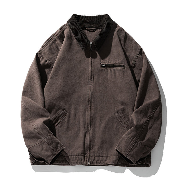 Herren Kastenförmige Worker-Jacke aus robustem Canvas mit Kordkragen und Brustreißverschluss Drune