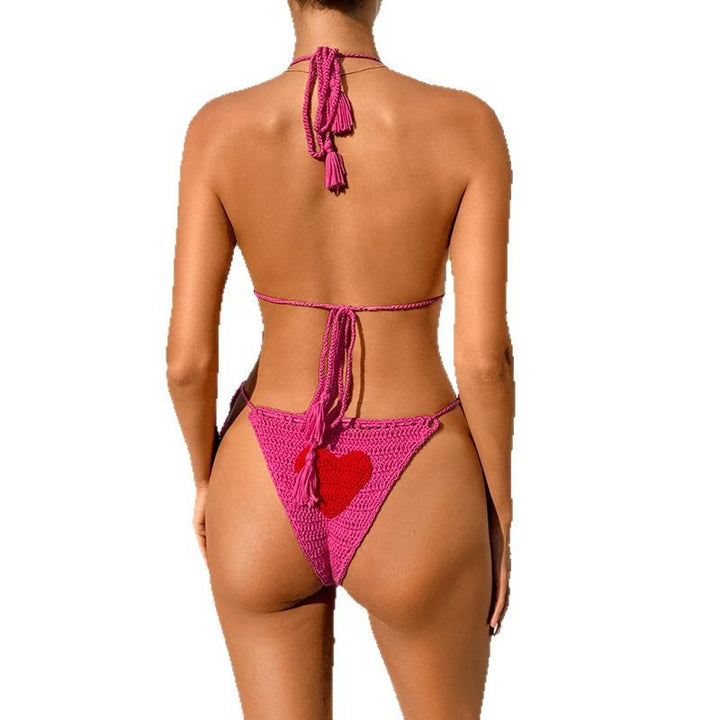 Damen gehäkeltes Bikini-Set mit Herzmotiv und fransigen Details Drune