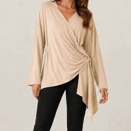 Damen Wickelshirt mit seitlicher Knotenpartie, V‑Ausschnitt und asymmetrischem Saum Drune