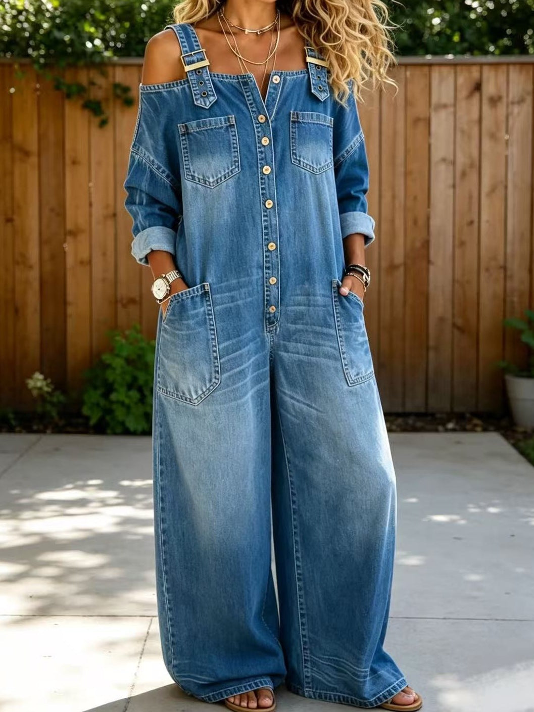 Damen Modischer Denim-Overall mit Off-Shoulder Design