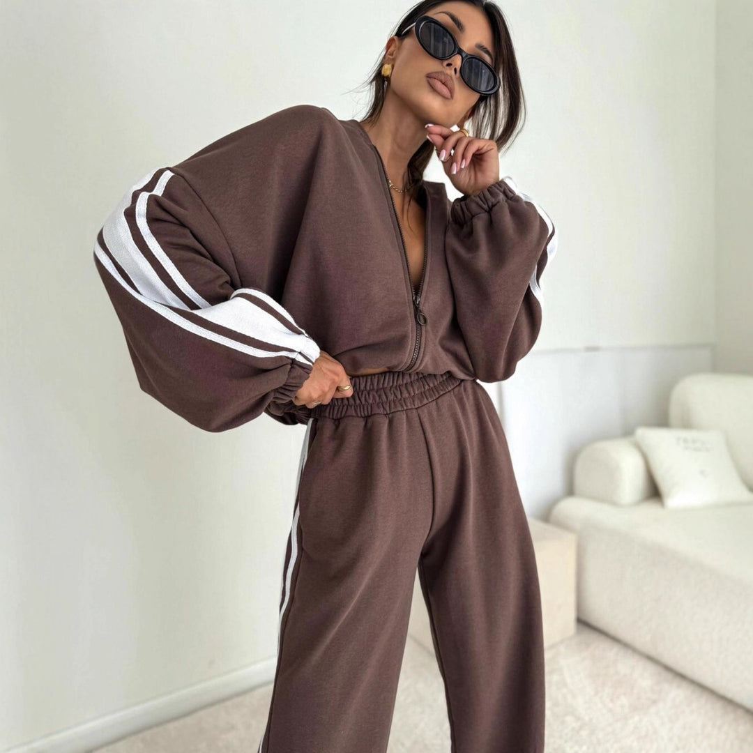 Damen cropped Zip-Hoodie mit voluminösen Ballonärmeln und High-Waist Relaxhose im sportlichen Seitenstreifen-Design Drune