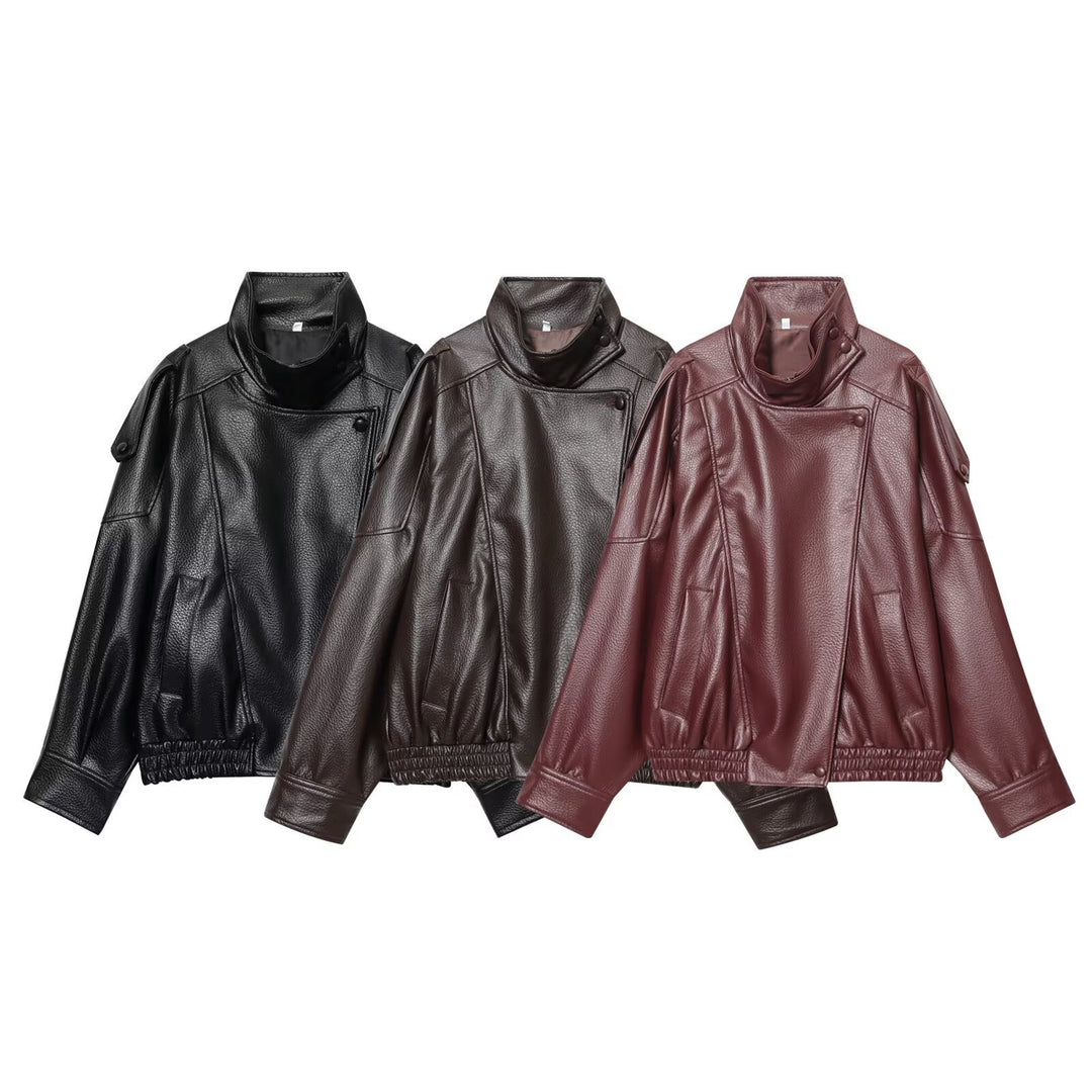 Damen nan Kunstleder-Bomberjacke mit hohem Stehkragen, asymmetrischer Druckknopfleiste und elastischem Saum Drune