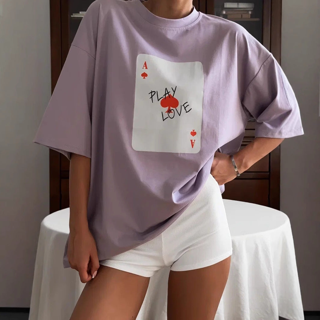 Damen Lässiges T-Shirt mit kreativem Kartenmotiv Drune
