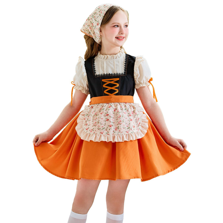 Damen nan traditionelles Kinderdirndl mit Schnürung, Rüschenschürze und Kopftuch Drune