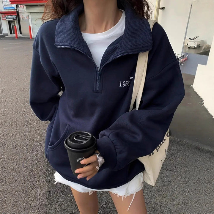 Damen oversized Kapuzenpullover mit hohem Stehkragen und praktischen Taschen Drune