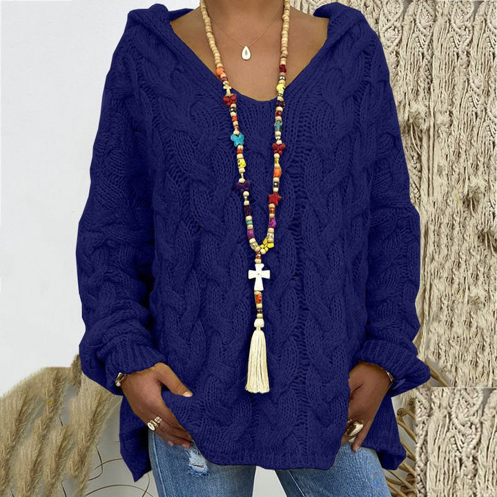 Damen Oversized Zopfmuster-Strickpullover mit Kapuze und lässigem V‑Ausschnitt Drune