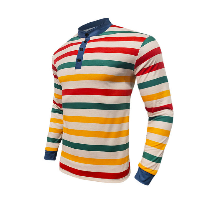 Herren nan gestreiftes Langarm-Henleyshirt mit Stehkragen, schmaler Passform und elastischem Baumwollmix Drune