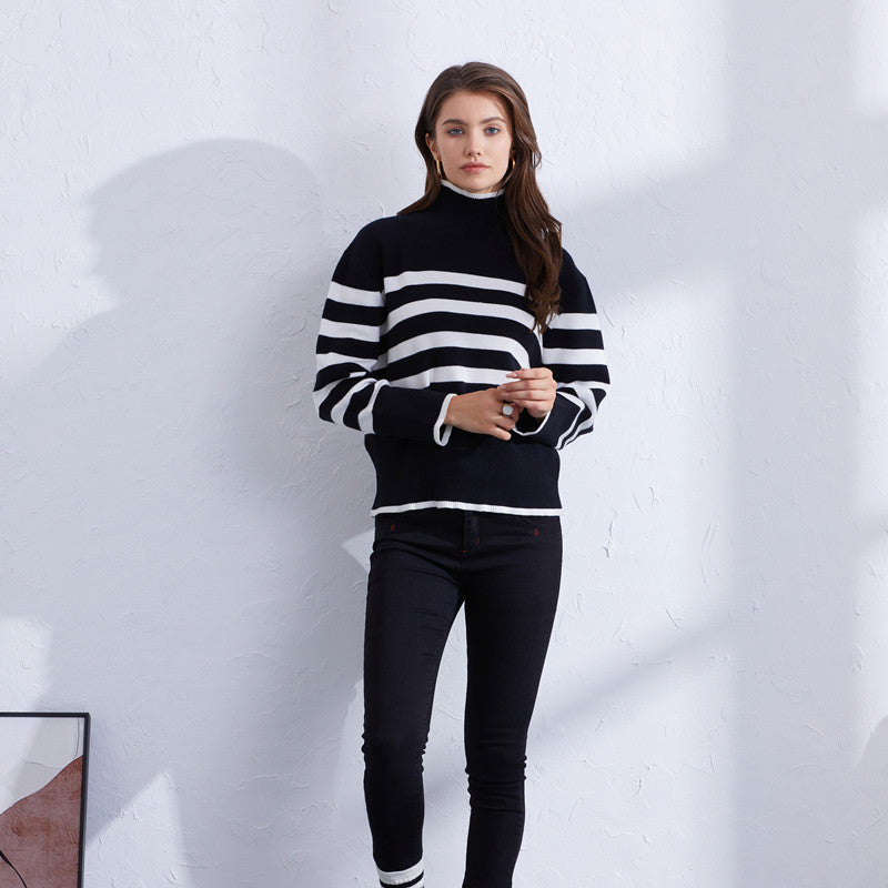 Damen hochwertiger gestreifter Pullover mit Stehkragen Drune
